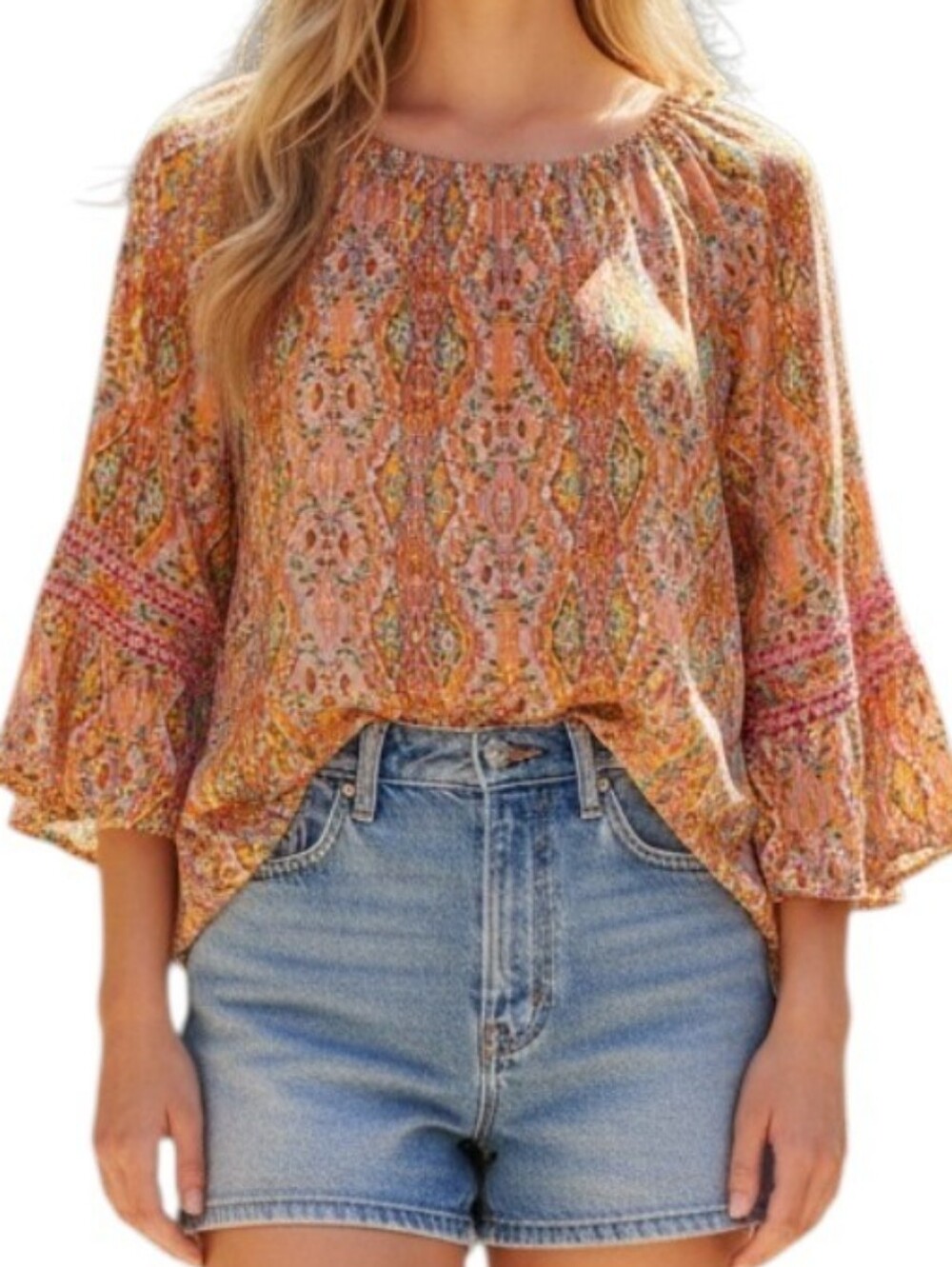 Hannah Orange Bell Sleeve Boho Blouse